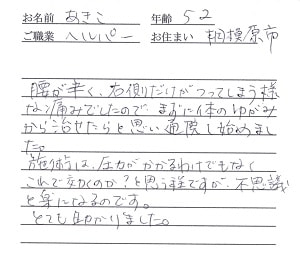 喜びの声「これで効くのか？と思うほどですが不思議と腰が楽になります」